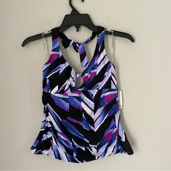 Calvin Klein Women's Ikat Printed Studded Halter Tankini Top Swimsuit XS - Picture 2 of 5